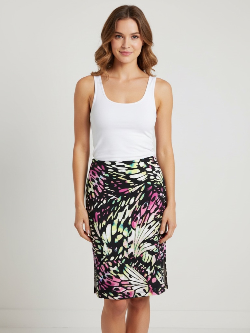 Worthington pencil skirt butterfly wing spandex MEDIUM scuba fabric black neon